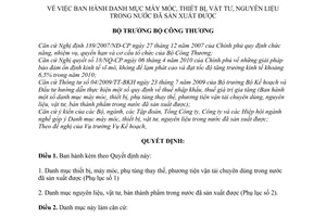 Quyết định 2840/QĐ-BCT danh mục máy móc, thiết bị, vật tư,