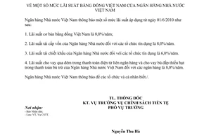 Thông báo 189/TB-NHNN mức lãi suất bằng đồng Việt Nam