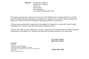 Công văn 803/TTg-KGVX thành lập Trường Đại học Công nghiệp Việt Hung