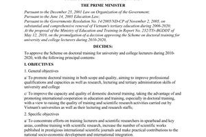 Decision No. 911/QD-TTg approving the scheme on doctoral training for university