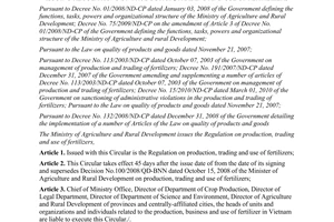 Circular No. 36/2010/TT-BNNPTNT promulgating the regulation on fertilizer