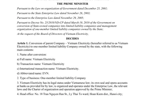 Decision No. 975/QD-TTg of June, 25, 2010, conversion of parent company – Vietnam electricity to one-member limited liability company owned by the sta