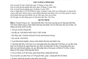 Quyết định 974/QĐ-TTg  chuyển Công ty mẹ - Tập đoàn Dệt May Việt Nam
