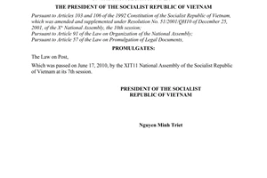 Order No. 03/2010/L-CTN on the promulgation of The Law on Post