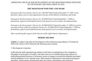 Decision 3399/QD-BCT approving plan development milk processing industry Vietnam