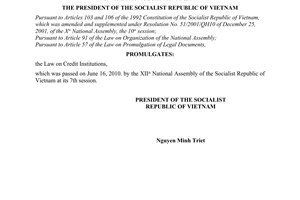 Order No. 09/2010/L-CTN on the promulgation of the Law on Credit Institutions
