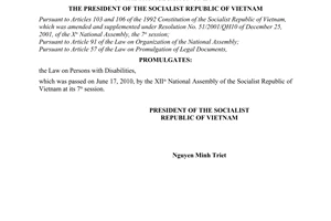 Order No. 10/2010/L-CTN on the promulgation of the Law on Persons with Disabilit