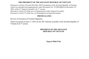 Order No. 11/2010/L-CTN on the promulgation of the Law on Execution of Criminal