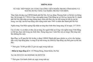 Thông báo 970/TB-LĐTBXH tiếp nhận an táng tại công viên nghĩa trang Vĩnh Hằng