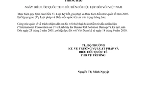 Thông báo 09/2010/TB-LPQT ngày điều ước quốc tế nhiều bên có hiệu lực