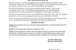 Circular No. 32/2010/TT-BYT national technical regulation on cheese products