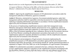 Resolution No. 25/NQ-CP simplifying 258 administrative procedures of Ministries Agencies