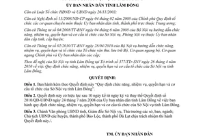 Quyết định 20/2010/QĐ-UBND Quy định chức năng nhiệm vụ quyền hạn cơ cấu