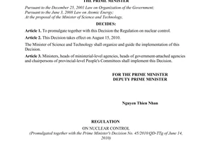 Decision No. 45/2010/QD-TTg promulgating the Regulation on nuclear control