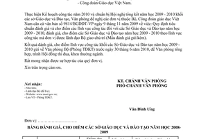 Công văn 379/VP-TĐ đánh giá cho điểm lĩnh vực công tác các Sở Giáo dụ