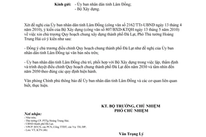 Công văn 3697/VPCP-KTN chủ trương Quy hoạch chung thành phố Đà Lạt tỉnh Lâm Đồng