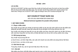 Quy chuẩn kỹ thuật Quốc gia QCVN 5-2:2010/BYT về các sản phẩm sữa dạng bột do Bộ trưởng Bộ Y tế ban hành