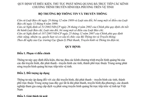 Thông tư 15/2010/TT-BTTTTđiều kiện, thủ tục phát sóng quảng bá trực tiếp