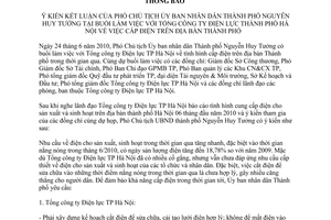Thông báo 30/TB-VPUB ý kiến kết luận của Phó Chủ tịch Ủy ban nhân dân thành phố Nguyễn Huy Tưởng tại buổi làm việc với Tổng Công ty Điện lực thành phố Hà Nội về việc cấp điện trên địa bàn thành phố do Ủy ban nhân dân thành phố Hà Nội ban hành