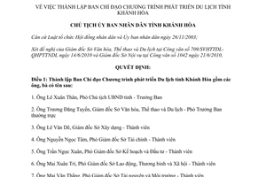 Quyết định số 1720/QĐ-UBND thành lập Ban Chỉ đạo Chương trình phát triển du lịch Khánh Hòa 2010