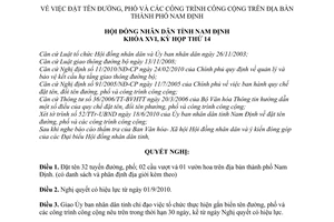 Nghị quyết 142/2010/NQ-HĐND về đặt tên đường, phố và các công trình công cộng trên địa bàn thành phố Nam Định do Hội đồng nhân dân tỉnh Nam Định khóa XVI, kỳ họp thứ 14 ban hành