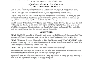 Nghị quyết 123/2010/NQ-HĐND sửa đổi chế độ tiếp khách nước ngoài Vĩnh Long