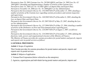 Circular No. 99/2010/TT-BTC providing for customs procedures for postal matters