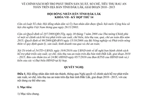 Nghị quyết 07/2010/NQ-HĐND chính sách hỗ trợ phát triển sản xuất sơ chế tiêu thụ rau an toàn Đắk Lắk