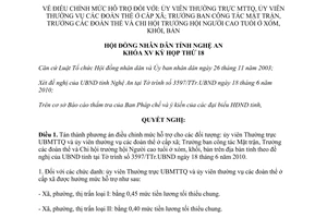 Nghị quyết số 315/2010/NQ-HĐND mức hỗ trợ cho Uỷ viên Thường trực Ủy ban Mặt trận Tổ quốc tỉnh Nghệ An