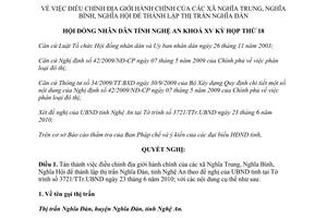 Nghị quyết 323/2010/NQ-HĐND điều chỉnh địa giới hành chính xã thành lập thị trấn Nghĩa Đàn Nghệ An