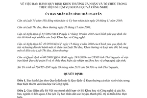 Quyết định 15/2010/QĐ-UBND Quy định khen thưởng nhiệm vụ Khoa học Công nghệ Thái Nguyên