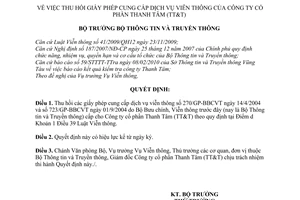 Quyết định 1006/QĐ-BTTTT thu hồi giấy phép cung cấp dịch vụ viễn thông