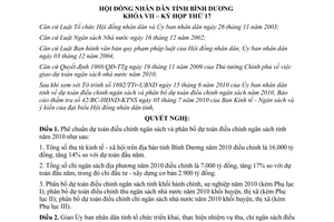 Nghị quyết 08/2010/NQ-HĐND7 điều chỉnh dự toán ngân sách năm 2010 Bình Dương
