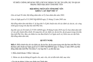 Nghị quyết 154/2010/NQ-HĐND điều chỉnh tiêu chí xác định dự án lớn quan trọng Phú Yên