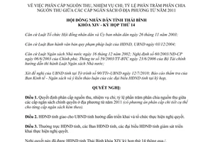 Nghị quyết 44/2010/NQ-HĐND phân cấp thu chi tỷ lệ phân chia nguồn thu ngân sách 2011 Thái Bình