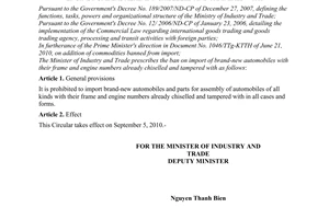 Circular No. 29/2010/TT-BCT on the import of brand-new automobiles with their