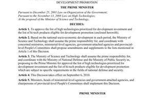 Decision No. 49/2010/QD-TTg approving the list of high technologies prioritized