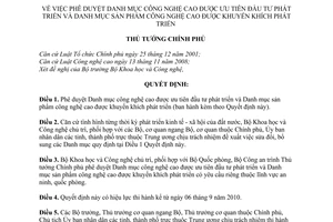 Quyết định 49/2010/QĐ-TTg phê duyệt Danh mục công nghệ cao được ưu tiên đầu tư