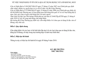 Thông tư 29/2010/TT-BCT nhập khẩu ô tô chưa qua sử dụng bị đục sửa số khung, máy