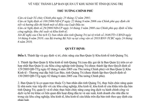 Quyết định 1229/QĐ-TTg  thành lập Ban Quản lý Khu kinh tế tỉnh Quảng Trị