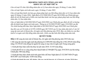 Nghị quyết 02/2010/NQ-HĐND bổ sung dự toán khoản thu chi ngân sách địa phương 2010 Lạng Sơn