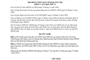 Nghị quyết 08/2010/NQ-HĐND quyết toán thu chi ngân sách nhà nước năm 2009 Quảng Trị