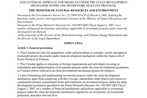 Circular No. 12/2010/TT-BTNMT of July 26, 2010, prescribing the formulation and grant of letter of endorsement and letter of approval for projects under the clean development mechanism within the framework of Kyoto Protocol
