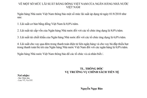 Thông báo 259/TB-NHNN mức lãi suất bằng đồng Việt Nam