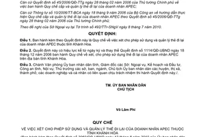 Quyết định 2060/QĐ-UBND Quy chế xét thẻ đi lại doanh nhân APEC