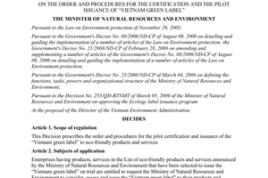 Decision No. 1493/QD-BTNMT on the order and procedures for the certification