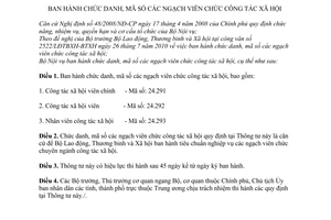 Thông tư 08/2010/TT-BNV  chức danh, mã số các ngạch viên chức công tác xã hội