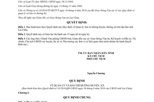 Quyết định 18/2010/QĐ-UBND Quản lý bảo trì đường huyện đường xã Lai Châu