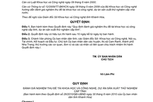 Quyết định 26/2010/QĐ-UBND đánh giá nghiệm thu đề tài khoa học công nghệ Khánh Hòa