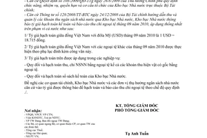 Thông báo 1557/TB-KBNN tỷ giá hạch toán ngoại tệ tháng 09 năm 2010